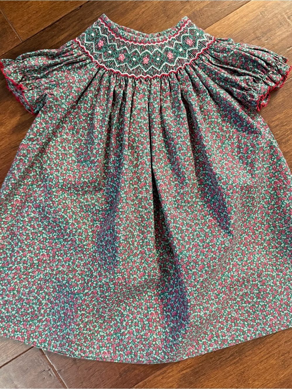 Vintage Edgehill Collection Girls Floral Smocked Dress Green Red 18 Months